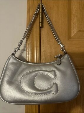 Coach Silver Quilted C Logo Shoulder Bag with Chain Strap